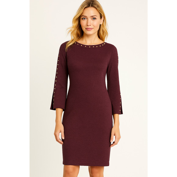 Calvin Klein Dress Womens Small Burgundy Studded Sweater Sheath 3/4 Bell Sleeve - Picture 1 of 10